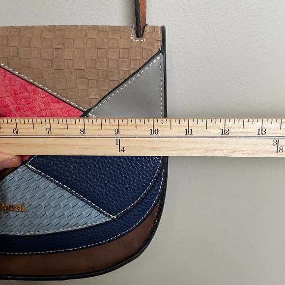 Desigual Crossbody Shoulder Purse Mixed Patchwork Pattern Pockets Brown - Picture 9 of 13